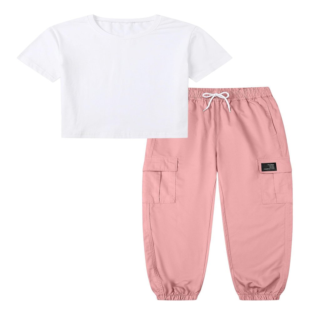Betusline Cute Clothes for Teen Girls, Short Sleeve White Crop Tops Tee Shirts + Pink Cargo Jogger Pants Outfits 2pcs Clothes Set11-12 Years = Tag 160