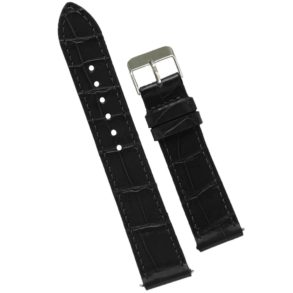 19mm Flat Black Leather Watch Band Quick Release Handmade Leather Strap Slim Replacement Wristband for Men Stainless Steel Buckle, Christmas Father's Day Gift for Dad Son Husband DH-NO-01-19MM