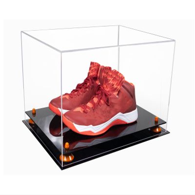 Better Display Cases Acrylic Extra Large Shoe Display Case for Basketball Shoe, Hightop, Soccer & Football Cleats with Clear Case, Orange Risers and Black Base 18" x 14" x 12" (A014/V60)