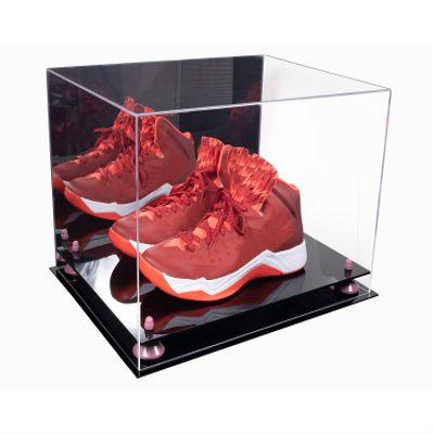 Better Display Cases Acrylic Extra Large Shoe Display Case for Basketball Shoe, Hightop, Soccer & Football Cleats with Mirror Case, Pink Risers and Black Base 18" x 14" x 12" (A014/V60)