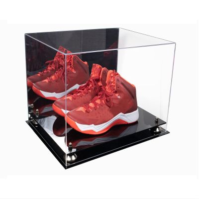 Better Display Cases Acrylic Extra Large Shoe Display Case for Basketball Shoe, Hightop, Soccer & Football Cleats with Mirror Case, Silver Risers and Black Base 18" x 14" x 12" (A014/V60)