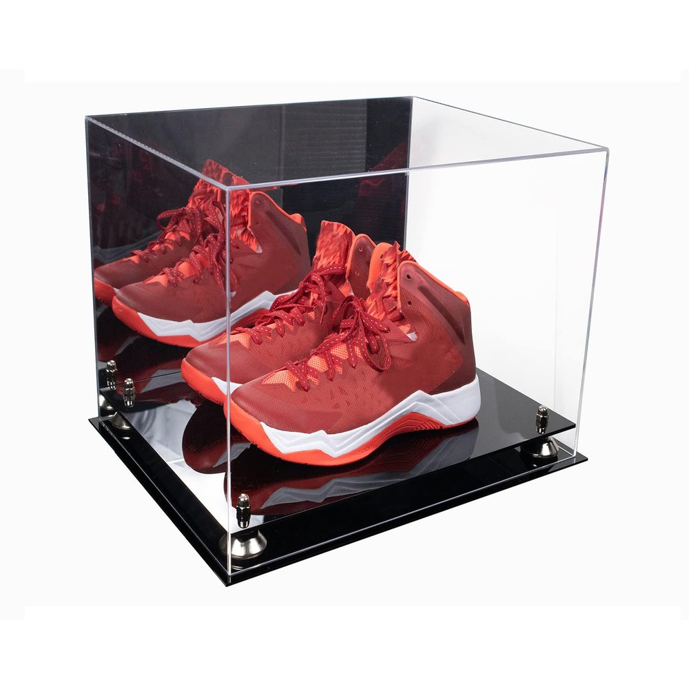 Better Display Cases Acrylic Extra Large Shoe Display Case for Basketball Shoe, Hightop, Soccer & Football Cleats with Mirror Case, Silver Risers and Black Base 18" x 14" x 12" (A014/V60)
