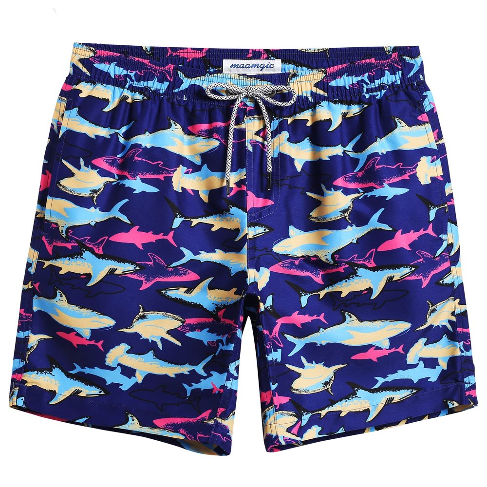 maamgic Mens Swim Trunks Quick Dry Swim Shorts with Mesh Lining Funny Swimwear Bathing Suits 7inch Colorful Shark X-Large