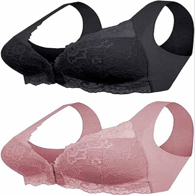 Front Closure 5D Beauty Back Sports Comfy Bra, Plus Bra for Older Women 5D Shaping Seamless Front Closure Lace Bra (2PCS-A,M)