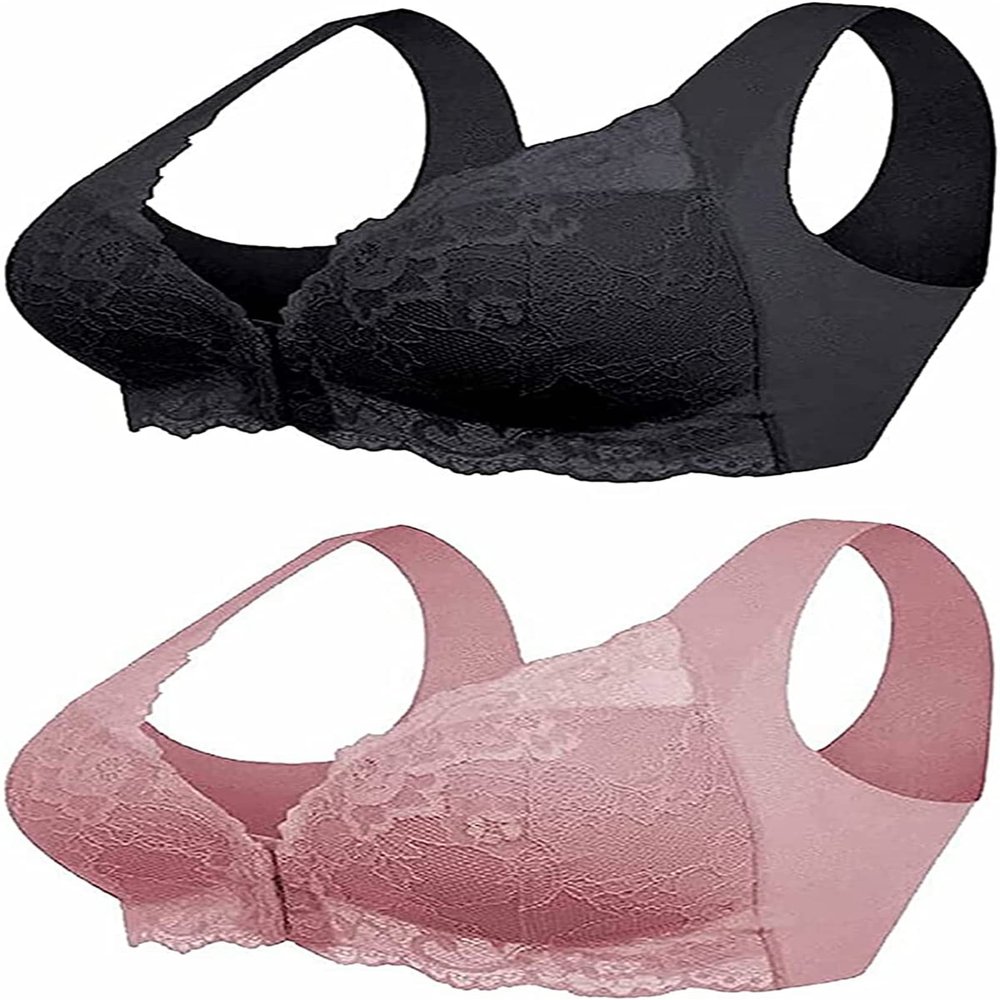 Front Closure 5D Beauty Back Sports Comfy Bra, Plus Bra for Older Women 5D Shaping Seamless Front Closure Lace Bra (2PCS-A,M)