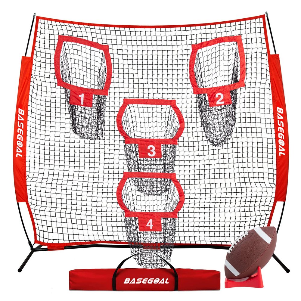 BaseGoal 8 x 8ft Football Nets for Throwing,Football Target,Quarterback Training Equipment with 4 Target Pockets for Improving Football Accuracy Throwing (Red)