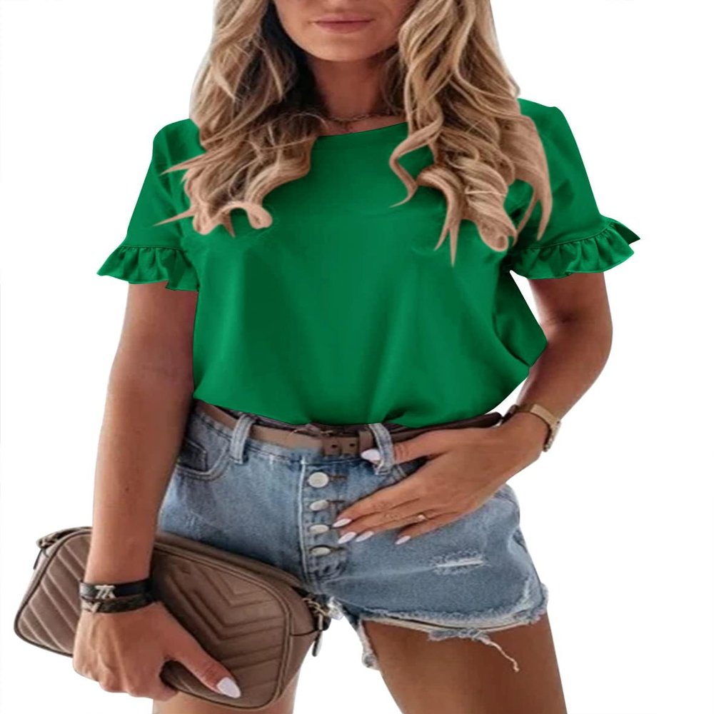 PRETTYGARDEN Women's Short Sleeve Casual T Shirts Summer Ruffle Plain Round Neck Loose Fit Tee Blouse Tops (Grass Green,XXL)