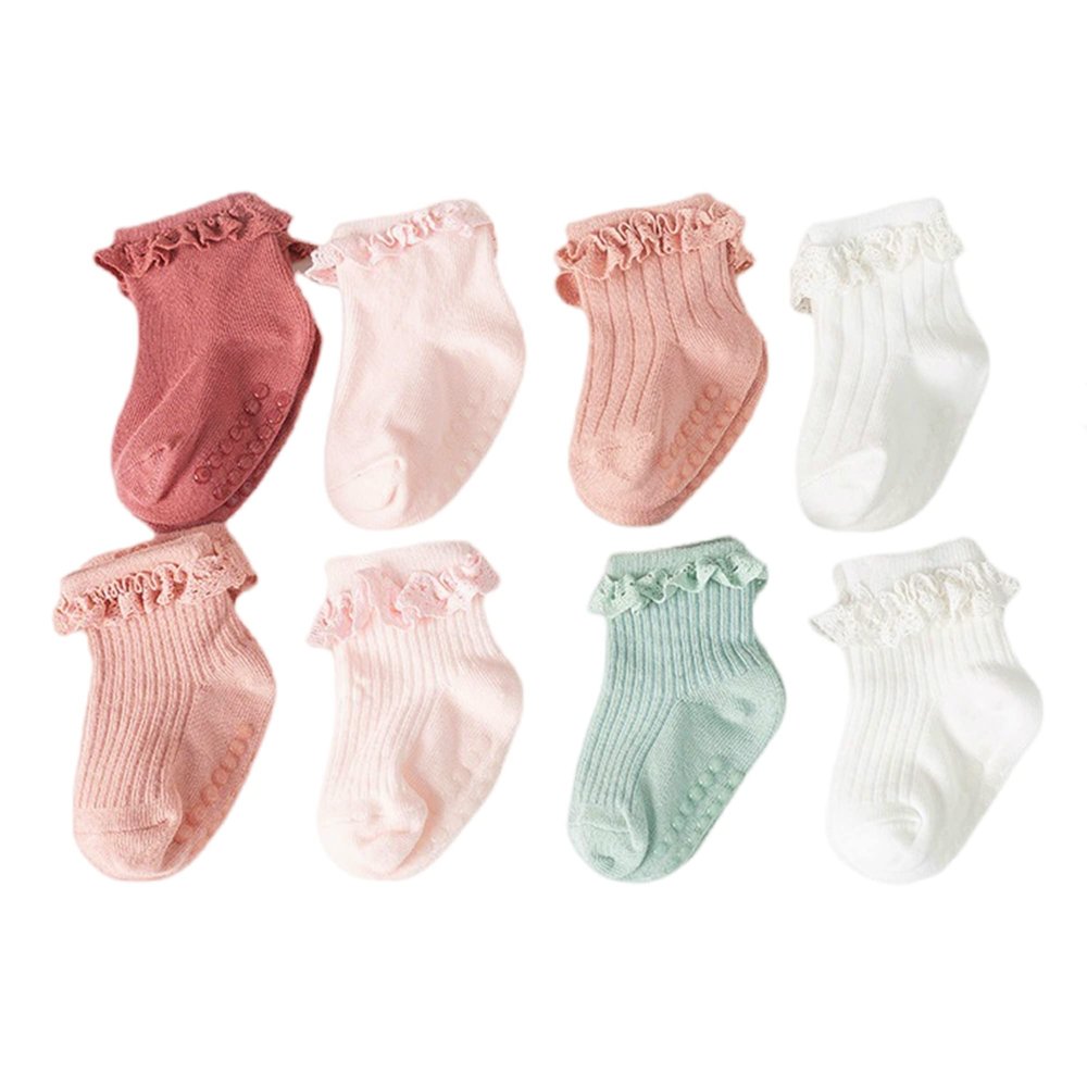 JUNOAI Toddler Girls Anti Slip Socks - Non Skid Frilly Ruffle Design with Grips for Baby 0-4 Years (Pack of 8) (as1, age, 1_year, 2_years, colourful)