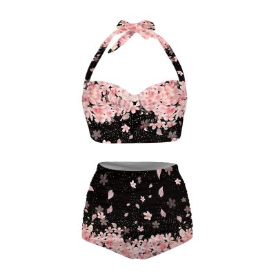 Jndtueit Cherry Blossoms Bikini Top High Waisted Bottom, Sakura Flower Women Bathing Suits 2 Piece Swimsuits, Pink Floral Bathing Suit Swim Top