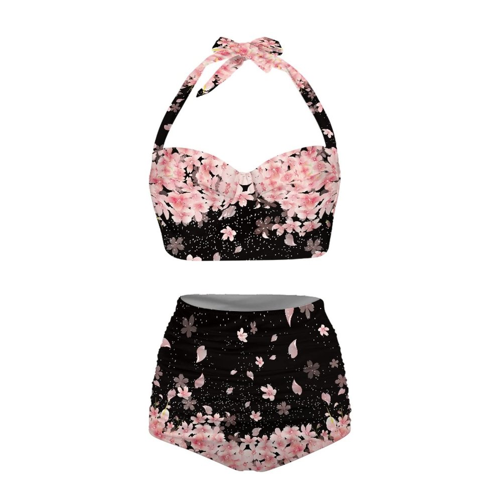 Jndtueit Cherry Blossoms Bikini Top High Waisted Bottom, Sakura Flower Women Bathing Suits 2 Piece Swimsuits, Pink Floral Bathing Suit Swim Top
