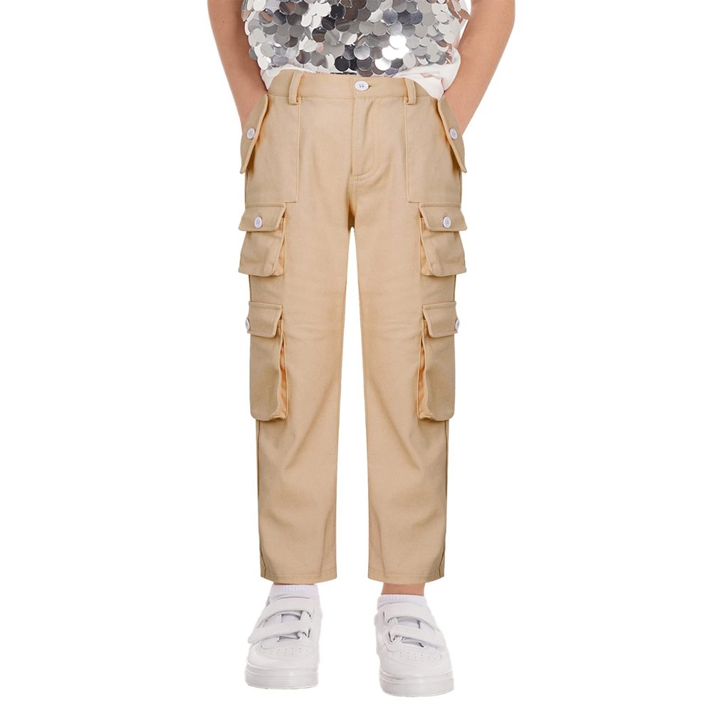 Freebily Kids Girls Cotton Cargo Jogger Pants Elastic Waist Trousers Drawstring Pants Hip Hop Sweatpant Casual Streetwear Khaki C 12 Years