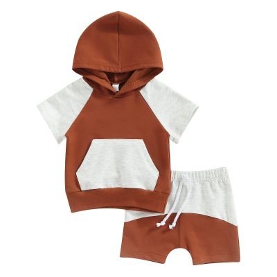 Kayotuas Toddler Baby Boy Summer Clothes Short Sleeve Hooded Tshirt Top and Casual Shorts Set Infant 2 Piece Outfits (Color Block Caramel, 12-18 Months)