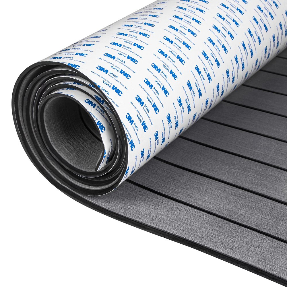 OCEANBROAD Self-Adhesive 96''x28.8'' Boat Flooring with 3M Adhesive Backing EVA Foam Boat Decking Faux Teak Marine Non-Slip Sheet for Jon Boats Yacht Helm Pad Floor, Dark Gray with Black Seam Lines