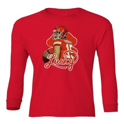 Lucky Mahomes Kansas Quarterback St Patricks Day Youth Long Sleeve T-Shirt (Red, Youth Small)