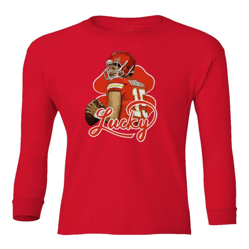 Lucky Mahomes Kansas Quarterback St Patricks Day Youth Long Sleeve T-Shirt (Red, Youth Small)