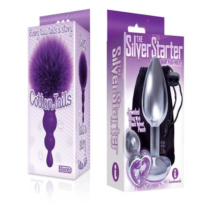 Sexy, Kinky Gift Set Bundle of Cottontails, Silicone Bunny Tail Butt Plug, Beaded, Purple and Icon Brands The Silver Starter, Bejeweled Heart Stainless Steel Plug, Violet