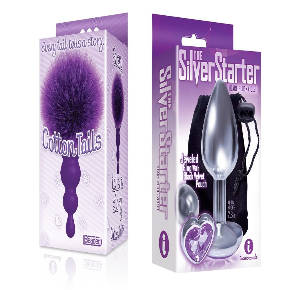 Sexy, Kinky Gift Set Bundle of Cottontails, Silicone Bunny Tail Butt Plug, Beaded, Purple and Icon Brands The Silver Starter, Bejeweled Heart Stainless Steel Plug, Violet