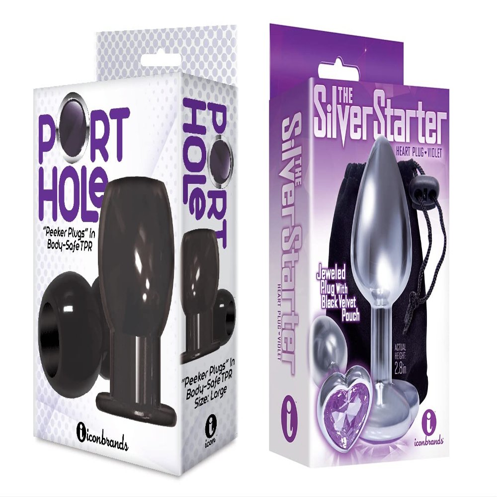 Sexy, Kinky Gift Set Bundle of Port Hole, Hollow Butt Plug, Black and Icon Brands The Silver Starter, Bejeweled Heart Stainless Steel Plug, Violet
