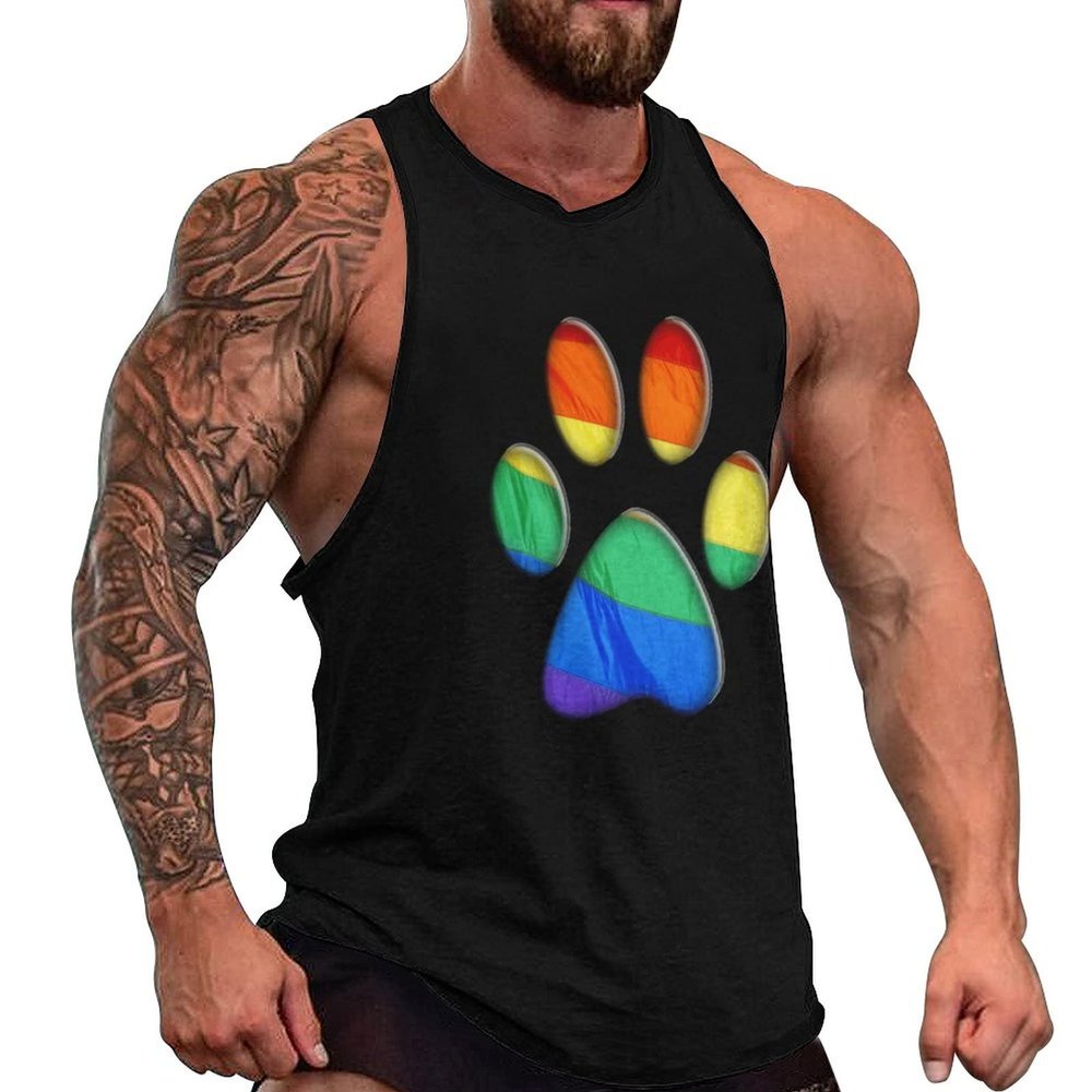 Bear Footprint with Rainbow Flag Tank Top Sleeveless T Shirt Athletic Muscle Shirts Gym Workout Yoga Tank for Men L