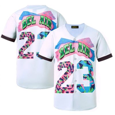 TIFIYA Bel-Air #23 Baseball Jersey Short Sleeve Button Down Baseball Shirts for Back to 90s Theme Birthday Party TT012-White-XL