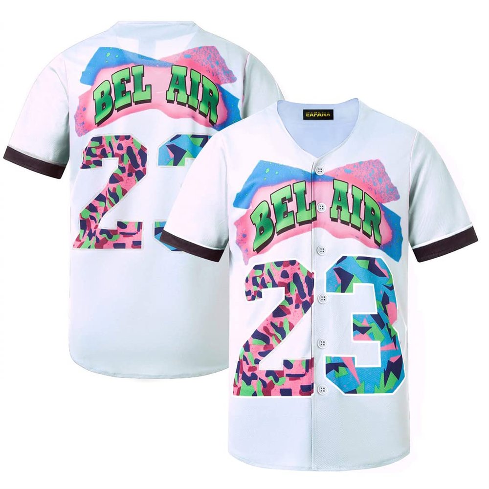TIFIYA Bel-Air #23 Baseball Jersey Short Sleeve Button Down Baseball Shirts for Back to 90s Theme Birthday Party TT012-White-XL