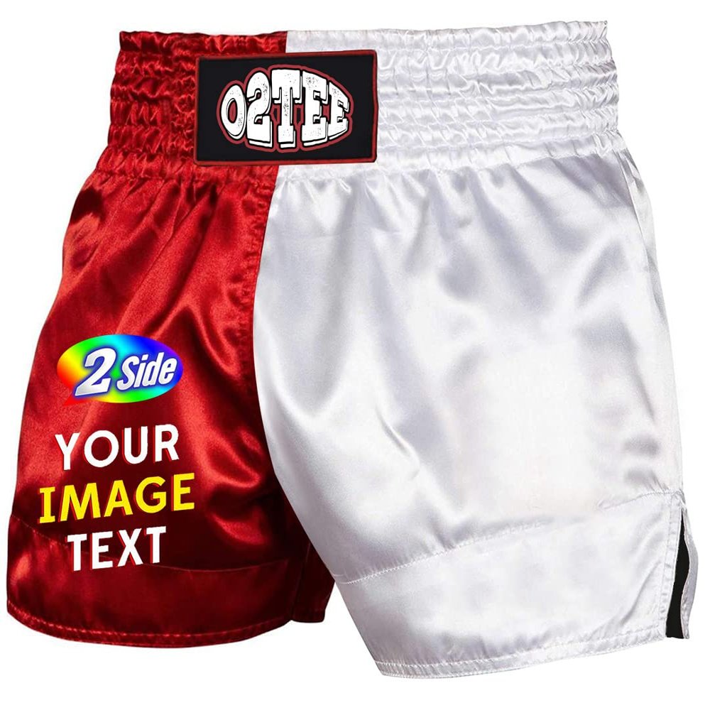 O2TEE Men Women Quick Dry Kickboxing Shorts Front and Back Add Your Image for Gifts, Red White XXXL