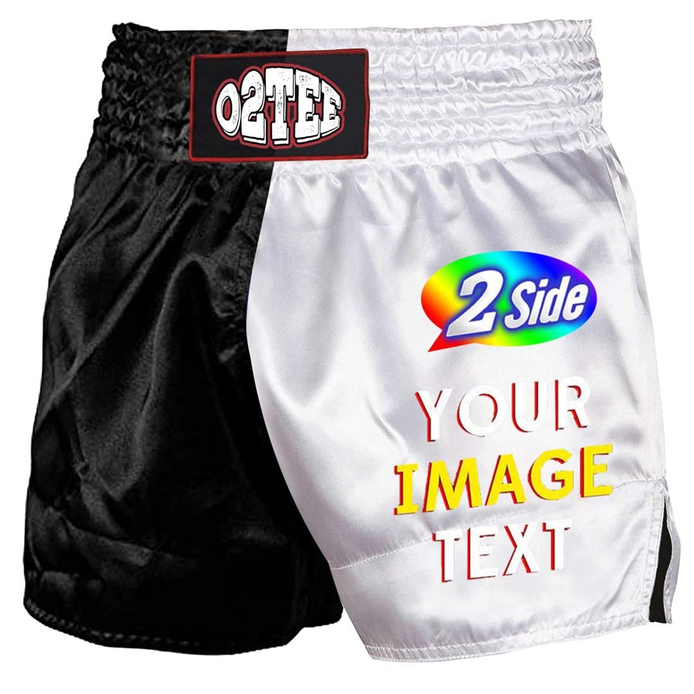 O2TEE Custom Muay Thai Boxing Shorts Add Your Picture Text Logo for Competition,Black White XL