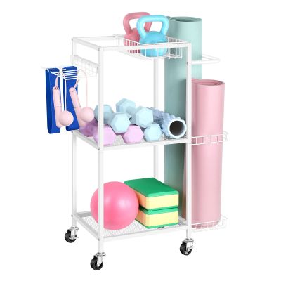 Weight Rack for Dumbbells Yoga Mat Storage Rack Home Gym Equipment Storage Rack Workout Equipment Storage Cart with Hooks for Yoga Mats, Dumbbells, Kettlebells, and Resistance Bands, White