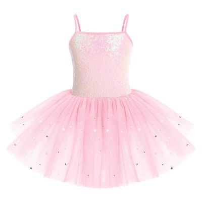 ODASDO Tutu Leotard for Girls Dance Ballet Toddler Kids Camisole Glittery Shiny Sequin Ballet Dress with Skirt Ballerina Gymnastics Class Traning Team Basic Athletic Bodysuit Pink 7-8Y