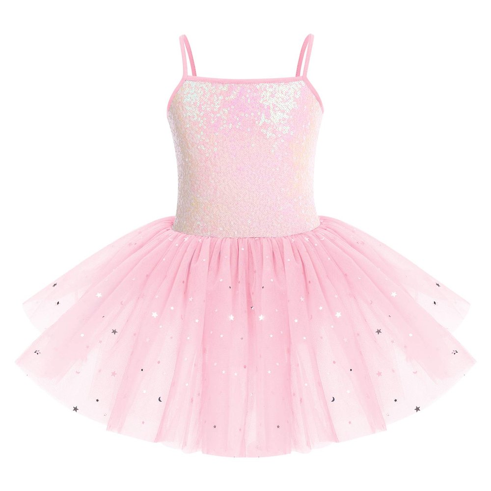 ODASDO Tutu Leotard for Girls Dance Ballet Toddler Kids Camisole Glittery Shiny Sequin Ballet Dress with Skirt Ballerina Gymnastics Class Traning Team Basic Athletic Bodysuit Pink 7-8Y