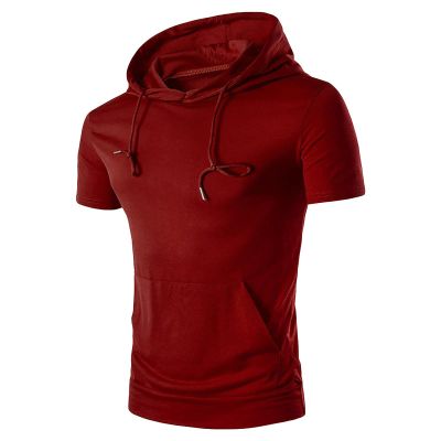 Men's Solid Color Cotton Hooded Short Sleeve Fashion Athletic Hoodies Lightweight Muscle Pullover T Shirts (Red,Medium)