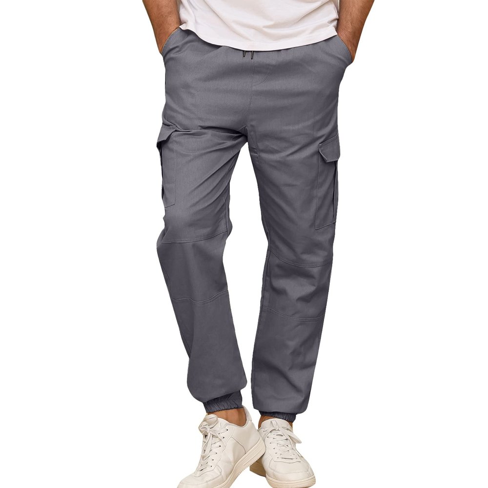 Angbater Mens Cargo Pants Outdoor Sport Jogger Sweatpants Hiking Relaxed Fit Drawstring Trousers with Pockets Grey