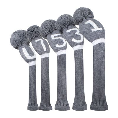 Scott Edward Knit Golf Club Cover with a Pom Set of 5 Head Covers Protect Driver Wood(460cc) 1 Fairway Wood2 and Hybrid/UT2 with Rotating Club Number Tags