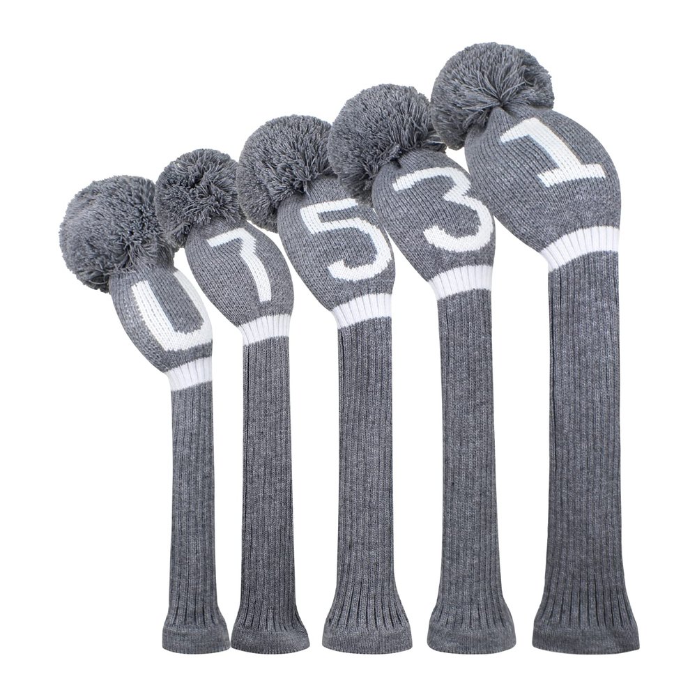 Scott Edward Knit Golf Club Cover with a Pom Set of 5 Head Covers Protect Driver Wood(460cc) 1 Fairway Wood2 and Hybrid/UT2 with Rotating Club Number Tags