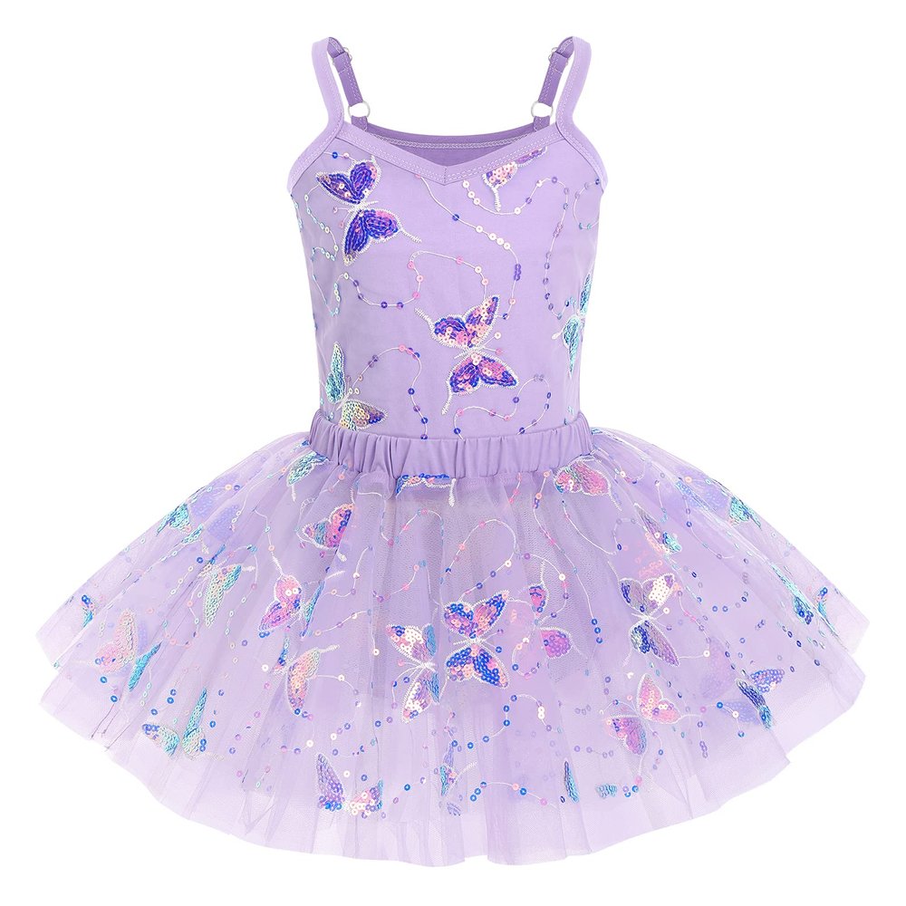 Ballet Leotard with Tutu Skirt for Girls Dance Gymnastics Camisole Bodysuit Toddlers Sparkly Butterfly Sequin Party Dress Ballerina Classic Basic Leotard Training Outfit Purple 3-4Y