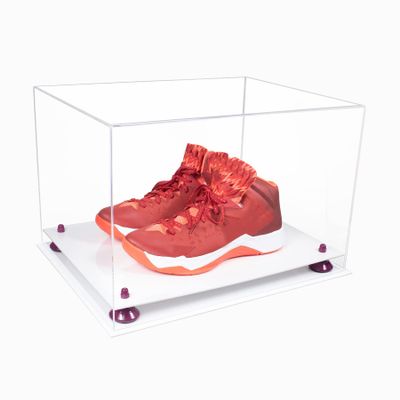 Better Display Cases Acrylic Extra Large Shoe Display Case for Basketball Shoe, Hightop, Soccer & Football Cleats with Clear Case, Purple Risers and White Base 18" x 14" x 12" (A014/V60)