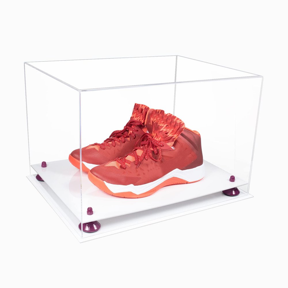 Better Display Cases Acrylic Extra Large Shoe Display Case for Basketball Shoe, Hightop, Soccer & Football Cleats with Clear Case, Purple Risers and White Base 18" x 14" x 12" (A014/V60)