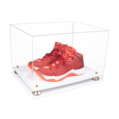 Better Display Cases Acrylic Extra Large Shoe Display Case for Basketball Shoe, Hightop, Soccer & Football Cleats with Clear Case, Gold Risers and White Base 18" x 14" x 12" (A014/V60)