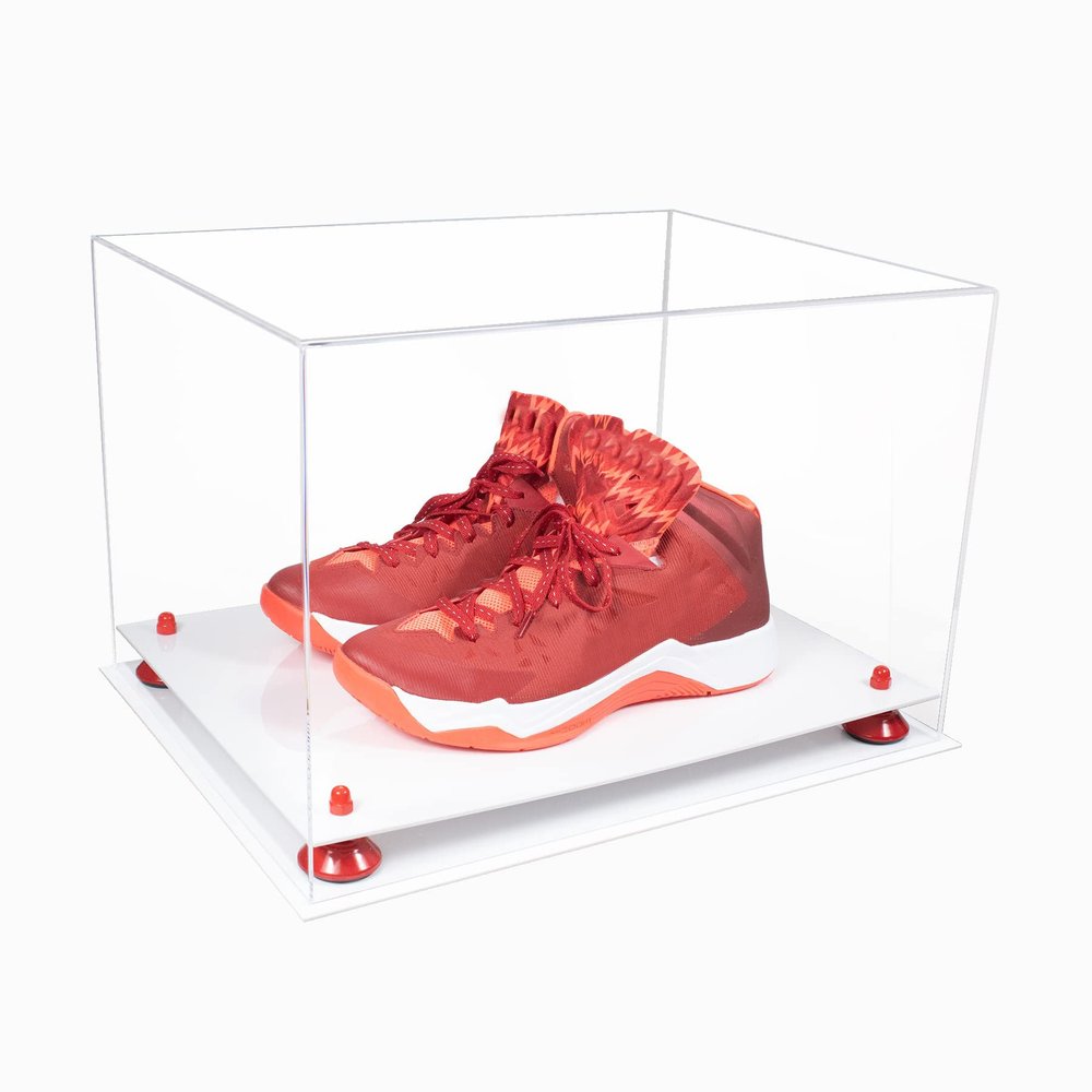 Better Display Cases Acrylic Extra Large Shoe Display Case for Basketball Shoe, Hightop, Soccer & Football Cleats with Clear Case, Red Risers and White Base 18" x 14" x 12" (A014/V60)