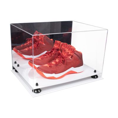 Better Display Cases Acrylic Extra Large Shoe Display Case for Basketball Shoe, Hightop, Soccer & Football Cleats with Mirror Case, Black Risers and White Base 18" x 14" x 12" (A014/V60)