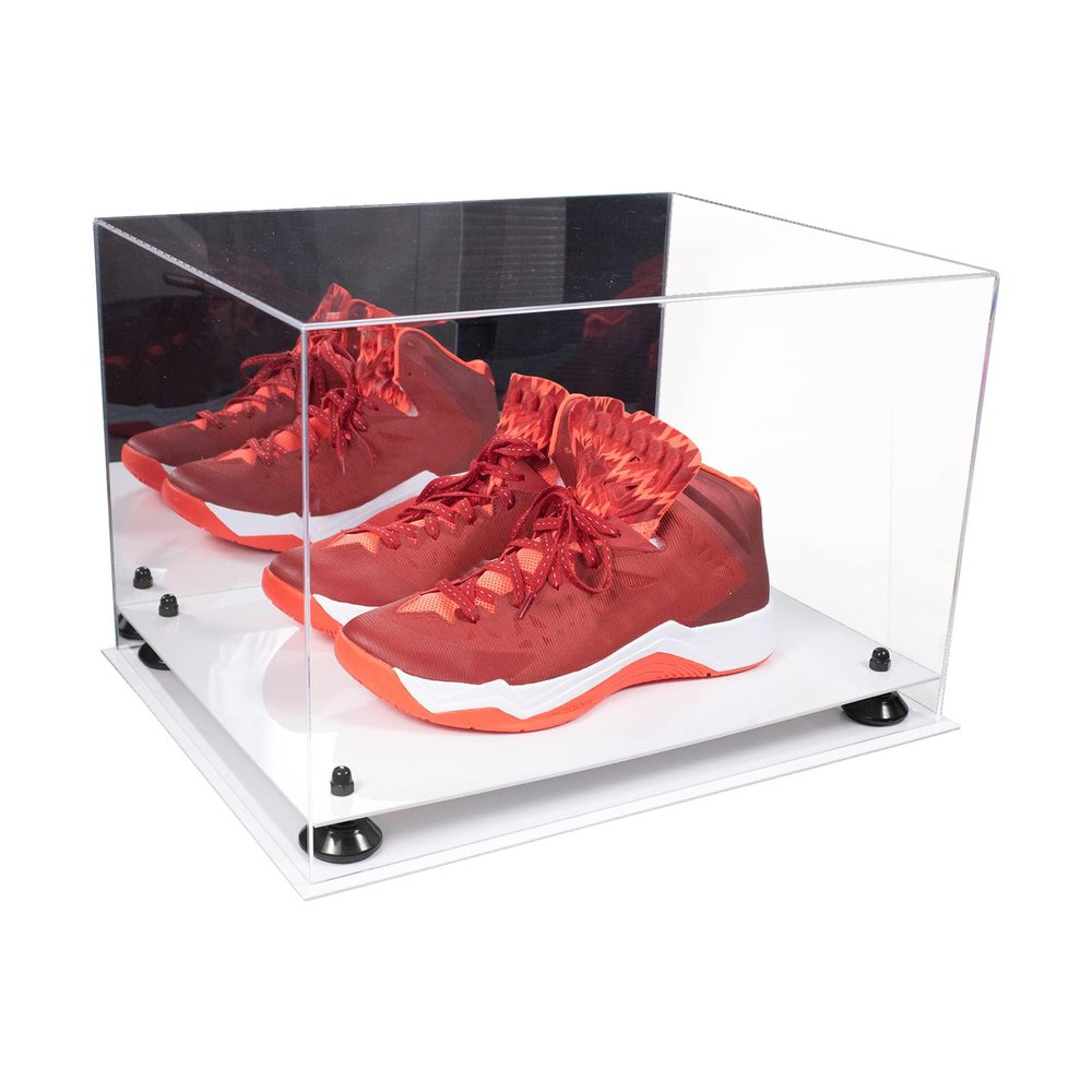 Better Display Cases Acrylic Extra Large Shoe Display Case for Basketball Shoe, Hightop, Soccer & Football Cleats with Mirror Case, Black Risers and White Base 18" x 14" x 12" (A014/V60)