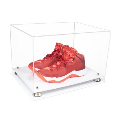 Better Display Cases Acrylic Extra Large Shoe Display Case for Basketball Shoe, Hightop, Soccer & Football Cleats with Clear Case, Silver Risers and White Base 18" x 14" x 12" (A014/V60)