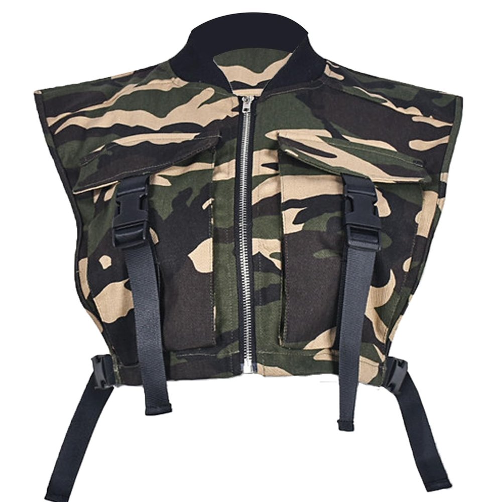 Bnigung Women's Sexy Crop Cargo Vest Sleeveless Buckle Zip Up Vest Jacket Tops Steampunk Streetwear with Pockets(Camo,M)