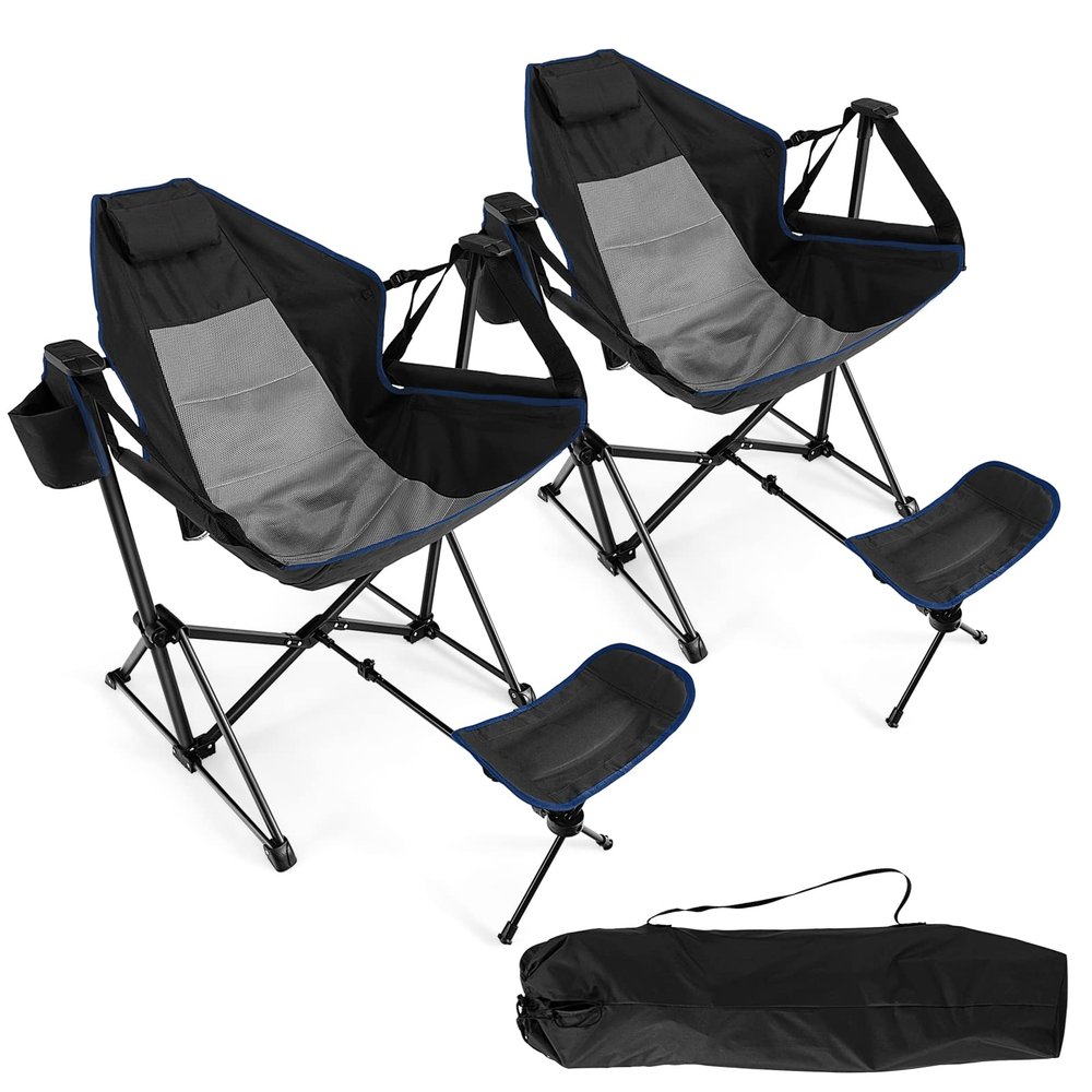 DORTALA Swinging Hammock Chairs for Camping, Rocking Camp Chair w/Retractable Footrest, Folding Camping Chair for Adults, Great for Camping, Fishing, Picnic, Carrying Bag Included, Pack of 2, Black