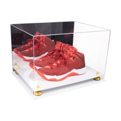 Better Display Cases Acrylic Extra Large Shoe Display Case for Basketball Shoe, Hightop, Soccer & Football Cleats with Mirror Case, Yellow Risers and White Base 18" x 14" x 12" (A014/V60)
