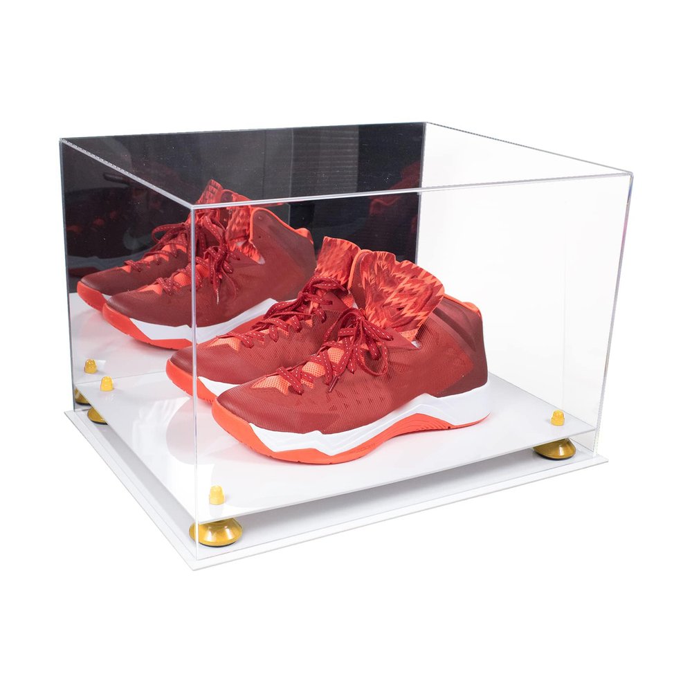 Better Display Cases Acrylic Extra Large Shoe Display Case for Basketball Shoe, Hightop, Soccer & Football Cleats with Mirror Case, Yellow Risers and White Base 18" x 14" x 12" (A014/V60)