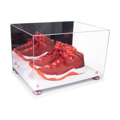 Better Display Cases Acrylic Extra Large Shoe Display Case for Basketball Shoe, Hightop, Soccer & Football Cleats with Mirror Case, Pink Risers and White Base 18" x 14" x 12" (A014/V60)