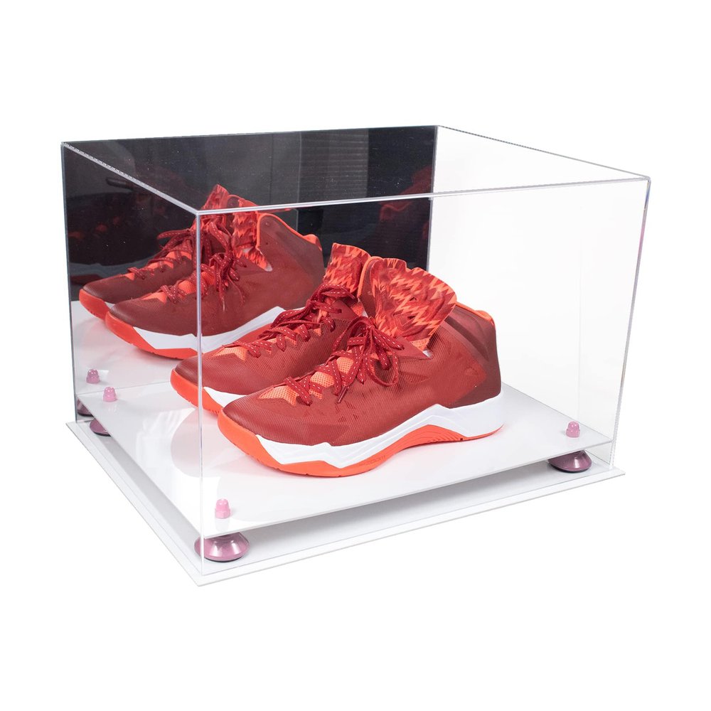 Better Display Cases Acrylic Extra Large Shoe Display Case for Basketball Shoe, Hightop, Soccer & Football Cleats with Mirror Case, Pink Risers and White Base 18" x 14" x 12" (A014/V60)