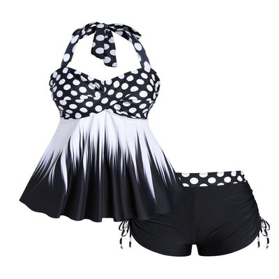 ROSE GAL Womens Plus Size Polka Dot Halter Twist Cinched Ruched Boyshorts Tankini Swimwear(Black_4/4X)