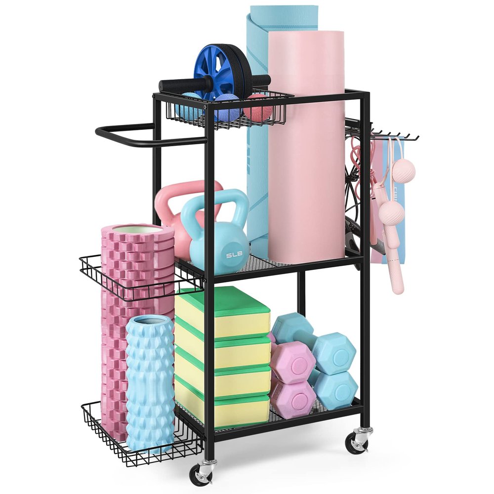 LIANTRAL Yoga Mat Storage Rack - Metal Gym Organizer for Yoga Mats, Foam Rollers & Fitness Equipment, Space Saving Workout Equipment Storage Rack for Home Exercise and Fitness Gear, Black